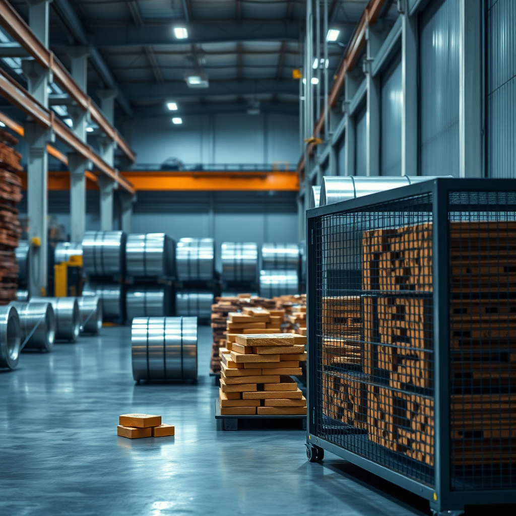 Metals trading visuals with steel coils and refined bullion in a premium industrial environment