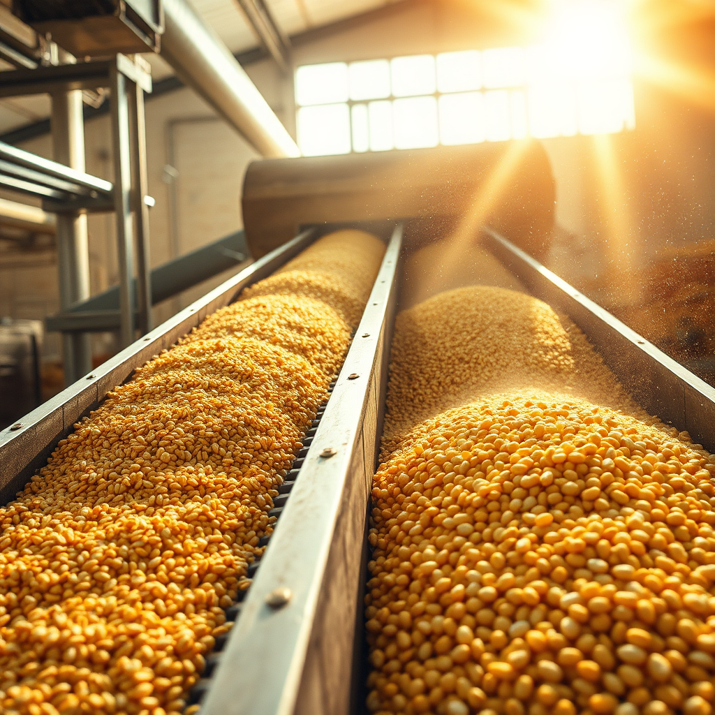 Agricultural commodities with wheat, corn, and farm logistics in a refined editorial style