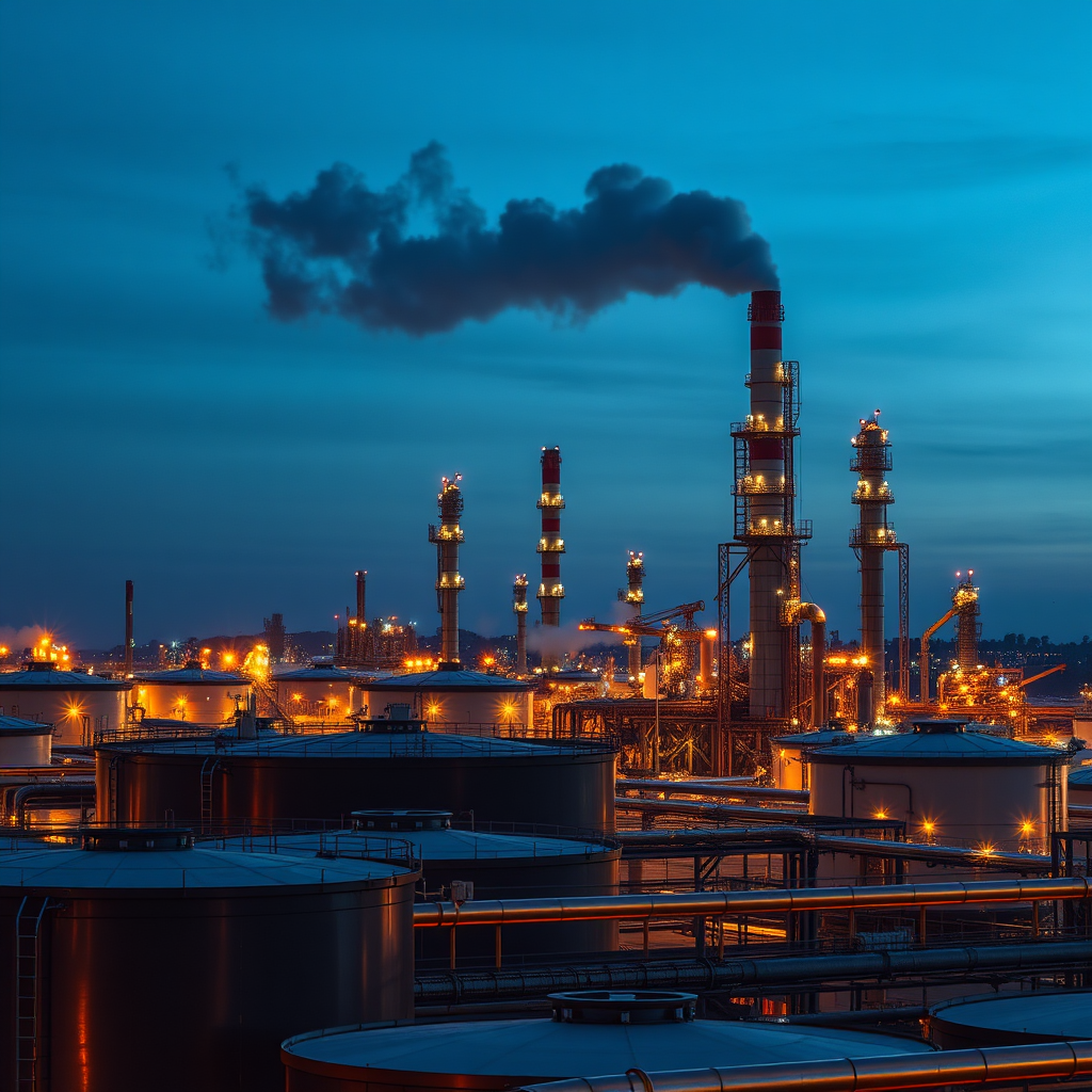 Refinery and fuel logistics scene with pipelines and storage tanks in a cinematic mood