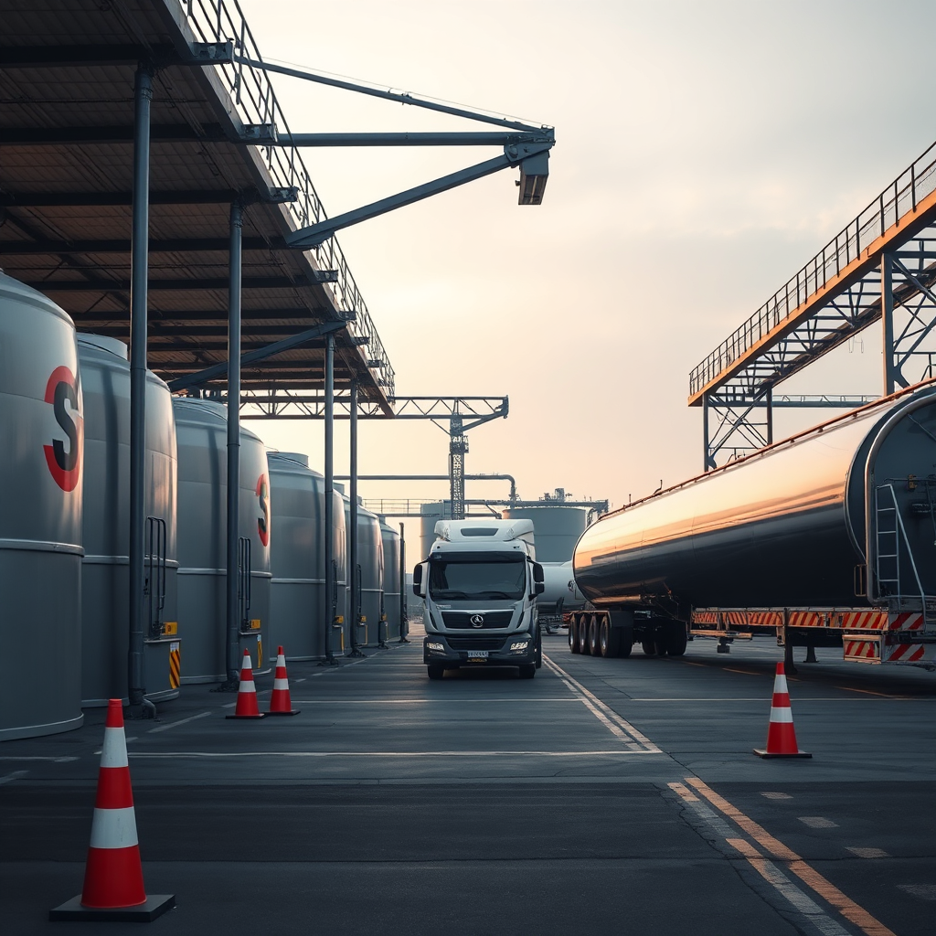 Petrol products and fuel logistics with storage tanks, pipelines, and tanker loading in a modern refined style